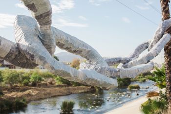 Denim Chain on Trees (detail); 2016; located at the Bowtie Project on the Los Angeles River; polystyrene, denim, Aqua Resin; approximately 20 ft. x 60 ft. x 8 ft Julia Haft-Candell