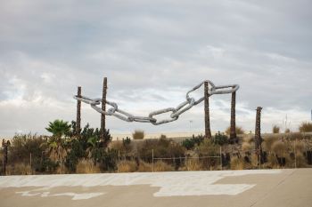 Denim Chain on Trees; 2016; located at the Bowtie Project on the Los Angeles River; polystyrene, denim, Aqua Resin; approximately 20 ft. x 60 ft. x 8 ft. Julia Haft-Candell
