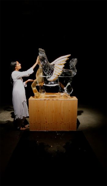 “The Ascension”; 2018; performance; ice sculpture; gold leaf and gold metal pulver Arshia Fatima Haq