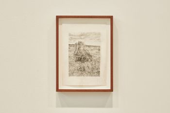 Untitled (Derek Jarman at Prospect Cottage); 2017; graphite on sheepskin parchment; 8 ½ in. x 6 in. Kang Seung Lee