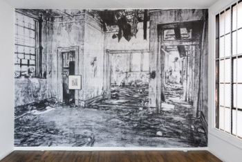 Installation view of Untitled (Leonard Fink_Pier 48 Interior_1980) at Commonwealth and Council Los Angeles; 2017; black and white engineering prints on wall; approx. 13 ft. x 9 ft. Kang Seung Lee