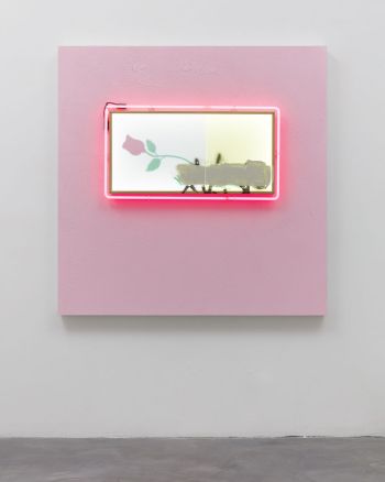 Closed, Out of Business; 2018; stucco, neon, mean streak, spray paint, latex house paint, store sign with vinyl decal on panel; 60 in. x 60 in. Patrick Martinez
