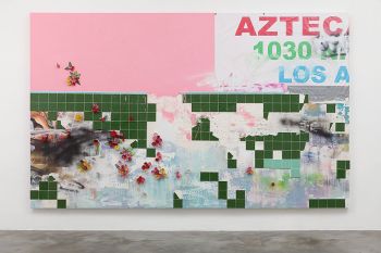Fallen Empire; 2018; stucco, ceramic, ceramic tile, mixed media, found banner tarp on panel; 96 in. x 156 in. Patrick Martinez