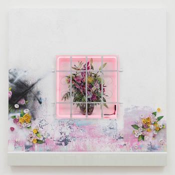 Floral Expressions (NELAzul); 2017; ceramic, ceramic tile, mixed media on stucco with neon, security bars on panel; 72 in. x 72 in. Patrick Martinez
