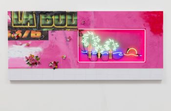 Los Angeles Landscape 2 (Lincoln Heights to Venice); 2017; ceramic, found banner tarp, ceramic tile, mixed media on stucco, neon on panel; 4 ft. x 8 ft. Patrick Martinez
