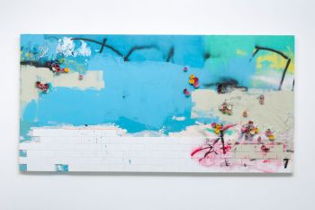 Where Does Your Auntie Live? (Temple Street); 2018; stucco, ceramic, ceramic tile, acrylic paint, spray paint, latex house paint on panel; 5 ft. x 10 ft. Patrick Martinez