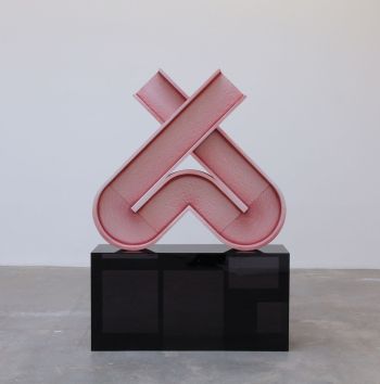 Blockage; 2018; acrylic on fabric over plaster and wood; overall 48 in. x 70 in. x 12 in. Pedestal: Modernist Closet; 2017; wood and plexiglass Amir Nikravan