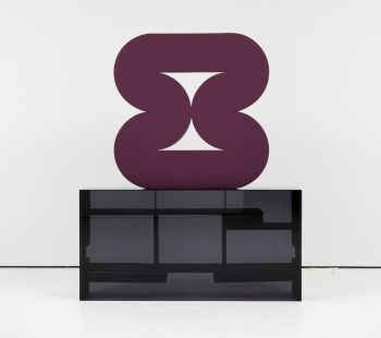 Rational Design (Purple Pill); Rear View; 2017; acrylic on fabric over plaster and wood; overall 64 in. x 60 in. x 12 in. Pedestal: Modernist Closet; 2017; wood and plexiglass Amir Nikravan