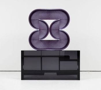Rational Design (Purple Pill); 2017; acrylic on fabric over plaster and wood; overall 64 in. x 60 in. x 12 in. Pedestal: Modernist Closet; 2017; wood and plexiglass Amir Nikravan