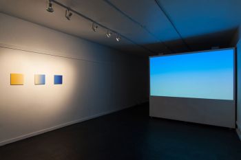 Installation view of Scalar Fields; 2016: projection, stereo sound, speakers, computer and giclée prints on maple plywood; dimensions variable Yann Novak