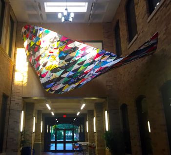 Celestial Bodies; 2017; installation; Human Sciences breezeway, Texas Tech University; Lubbock, Texas; steel, spray paint, 300 stitched t-shirts donated by the Lubbock, Texas & Los Angeles community; 8 ft. x 24 ft. Ismael de Anda III