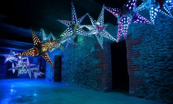 Constellation Chihuahua; 2015; installation; Sala Subterraneo; Chihuahua, Mexico; locally sourced materials, customized seven point piñatas laced with LED lights; dimensions variable Ismael de Anda III