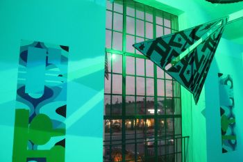 Love Duster; 2017; installation, Center for the Arts Eagle Rock; Los Angeles, CA; wood, canvas, latex enamel, tape, vinyl, LED lamps, steel hinges; 4.5 ft. x 9ft., 5 ft. x 10 ft., dimensions variable Ismael de Anda III