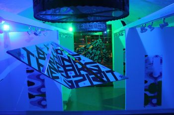 Love Duster; 2017; installation view, Center for the Arts Eagle Rock; Los Angeles, CA; wood, canvas, latex enamel, tape, vinyl, LED lamps, steel hinges; 4.5 ft. x 9ft., 5 ft. x 10 ft.; dimensions variable Ismael de Anda III