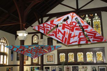 Love Duster; 2018; installation, Church of the Epiphany; Los Angeles, CA; wood, canvas, latex enamel, steel hinges; 4.5 ft. x 9ft., 5 ft. x 10 ft., dimensions variable Ismael de Anda III