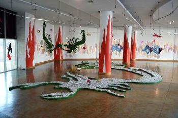 Superextremos Ulteriores; 2014; installation, Museo de Arte de Sonora (MUSAS); local rock from Hermosillo, Sonora, Mexico, vinilica paint, astro-turf, laser-cut acrylic multi-colored mirrors, vinyl decals, artificial plants; dimensions variable Ismael de Anda III