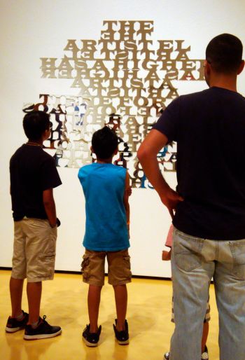 Wide Latin (The Artist Has a Higher Threshold for Chaos), detail; 2013; El Paso Museum of Art; El Paso, TX; laser-cut acrylic mirror, reflected space; 79 in. x 54 in. Ismael de Anda III