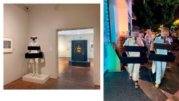 “Privacy Prophylactics,” 2019-present, mixed media (latex, foam core, lingerie elastic, sunglasses), dimensions variable, installation view of “We Are Here” at USC PAM and “Love &/Or Fear” performance along Hollywood Blvd for LA Freewaves