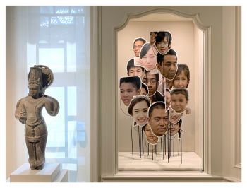 “Privacy Prophylactics,” 2019-present, mixed media (printed masks with faces harvested from *thispersondoesnotexist.com which uses artificial intelligence to produce fake people), dimensions variable, installation view of “We Are Here” at USC PAM Reanne Estrada