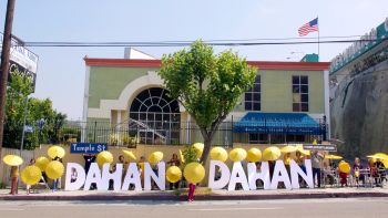 from “Slow Jams” (with Public Matters), 2017-present, “DAHAN DAHAN” (a.k.a. Seniors Flash Drivers on Temple Street), 2017, sidewalk spectacle performed by elders from Silver Lake Adult Day Health Care Center, Historic Filipinotown Reanne Estrada