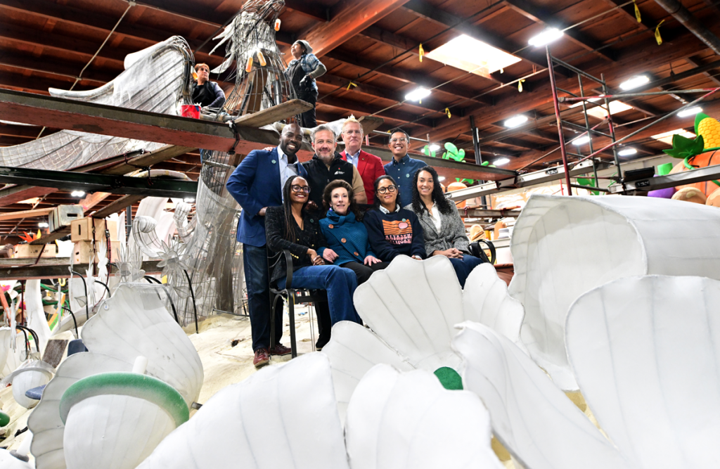 Rose Parade float preparation.
